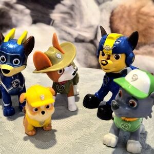 Lot Of Five Paw Patrol Figure Bundle - Blue, Yellow, Green, Orange, Brown, Gray